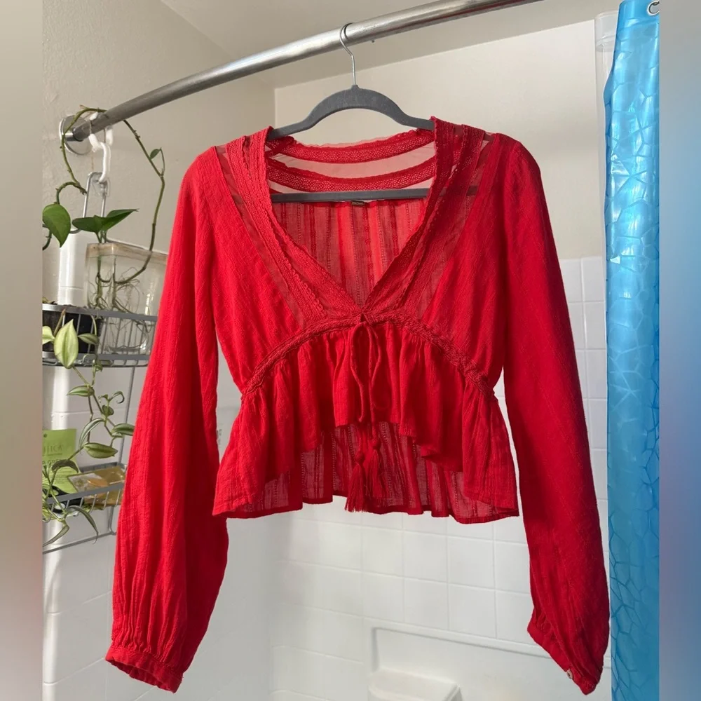 Sold Free People Cotton Lace Longe sleeve cover blouse Red Top - Picture 1 of 9